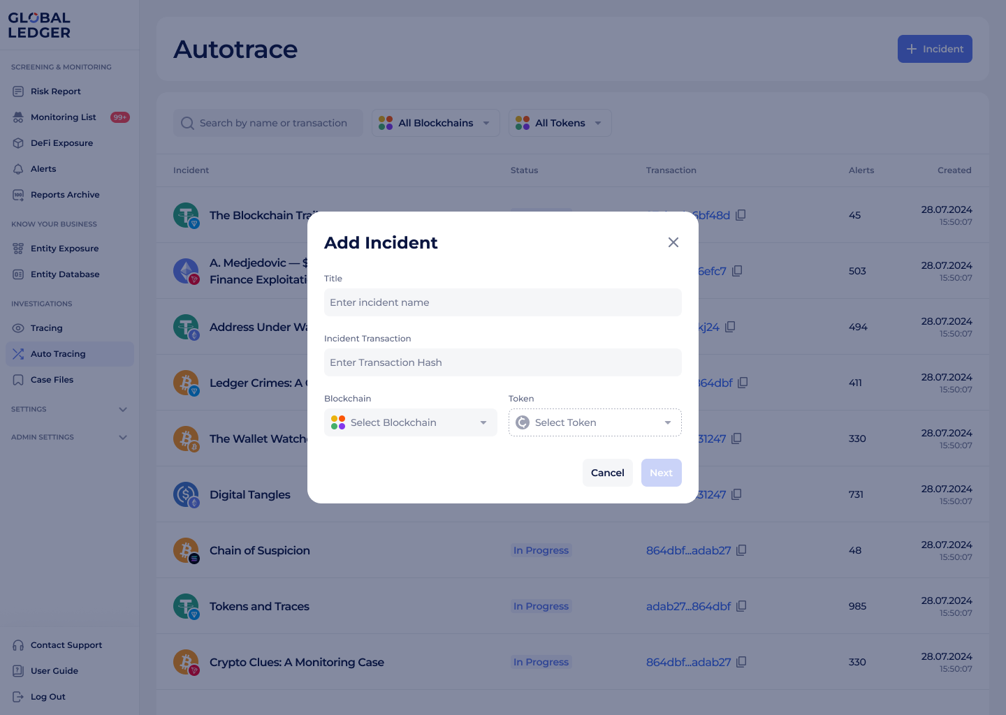 Adding an incident in the AutoTrace feature by Global Ledger