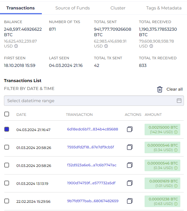Screenshot from GL showing transactions to address  34xp…Twseo 