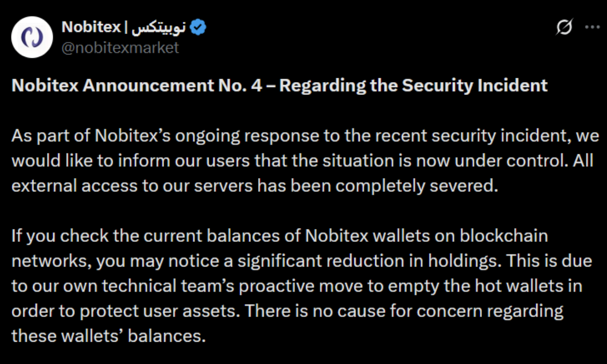 Nobitex announcement post on X (formerly Twitter)
